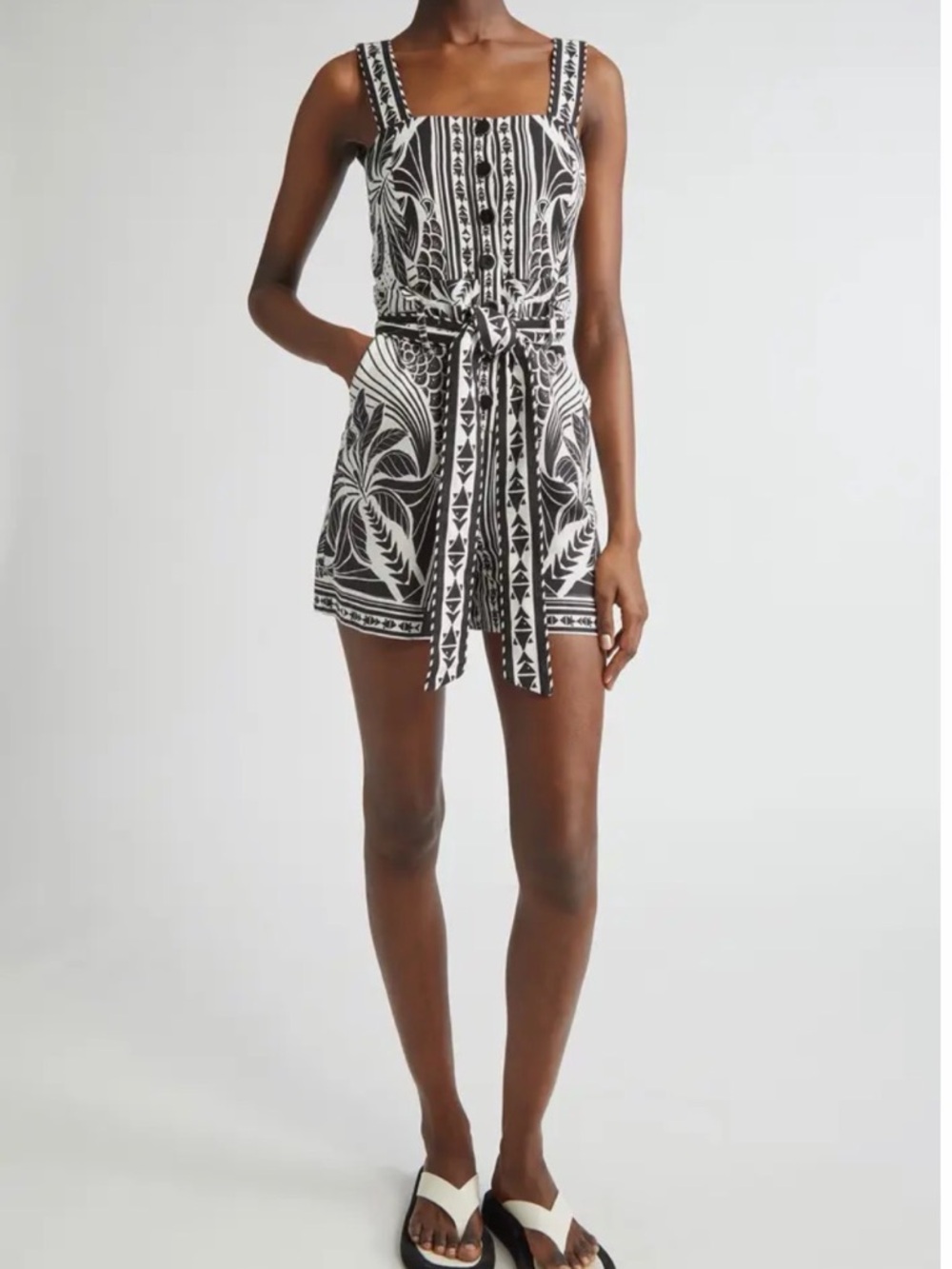 Farm Rio Monochrome Belted Linen Blend Romper